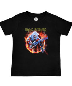 T-shirt Iron Maiden pour enfant de couleur noire avec un zombie rock avec sa guitare sortant des flammes