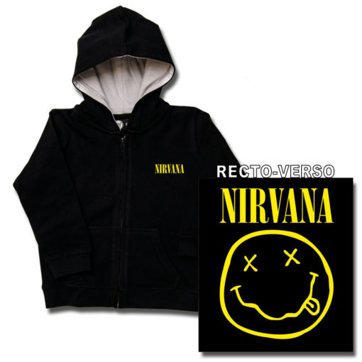 Veste enfant Nirvana noire avec le smiley jaune. Impression recto-verso.