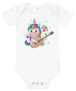 Body bébé avec une licorne multicolore jouant de la guitare (blanc)