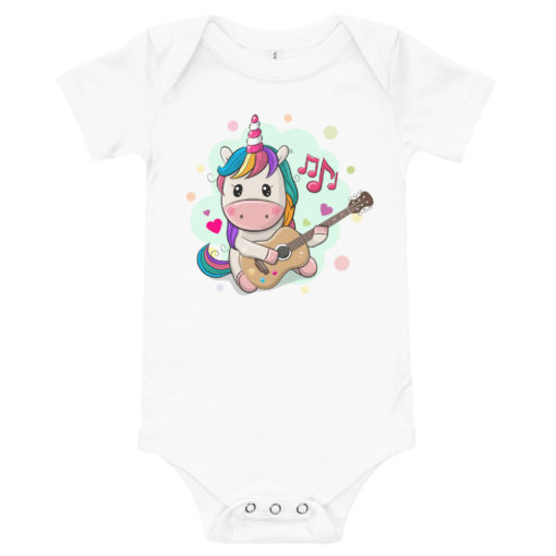 Body bébé avec une licorne multicolore jouant de la guitare (blanc)