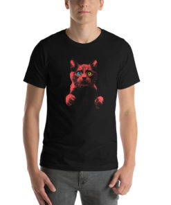 Homme portant un t-shirt noir imprimé avec un chat
