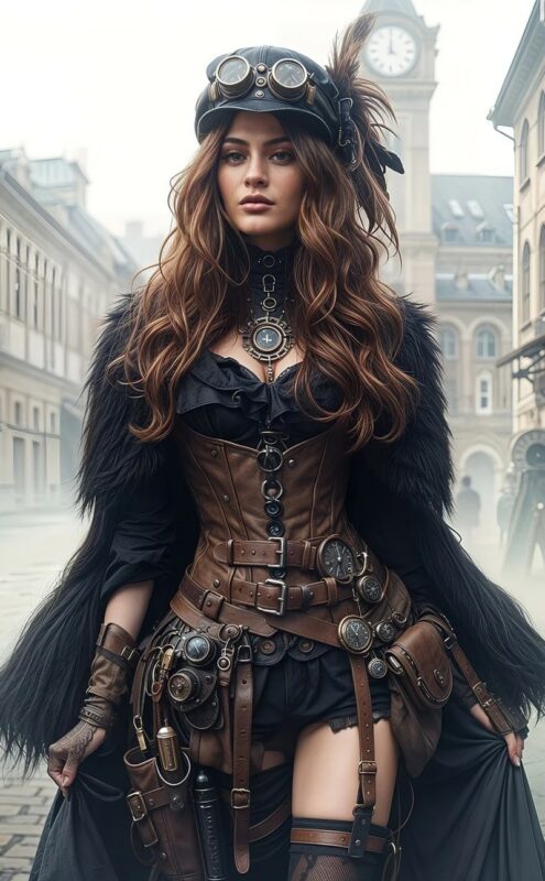 Femme portant des habits et des accessoires steampunk